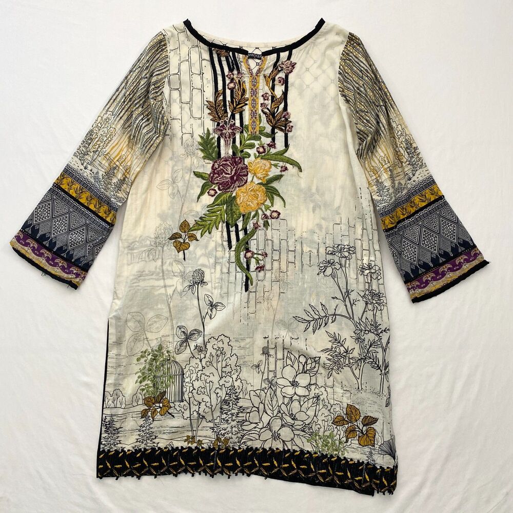 Baroque Embroidred Tunic Dress Swim Cover Up Floral Womens Large Bohemian